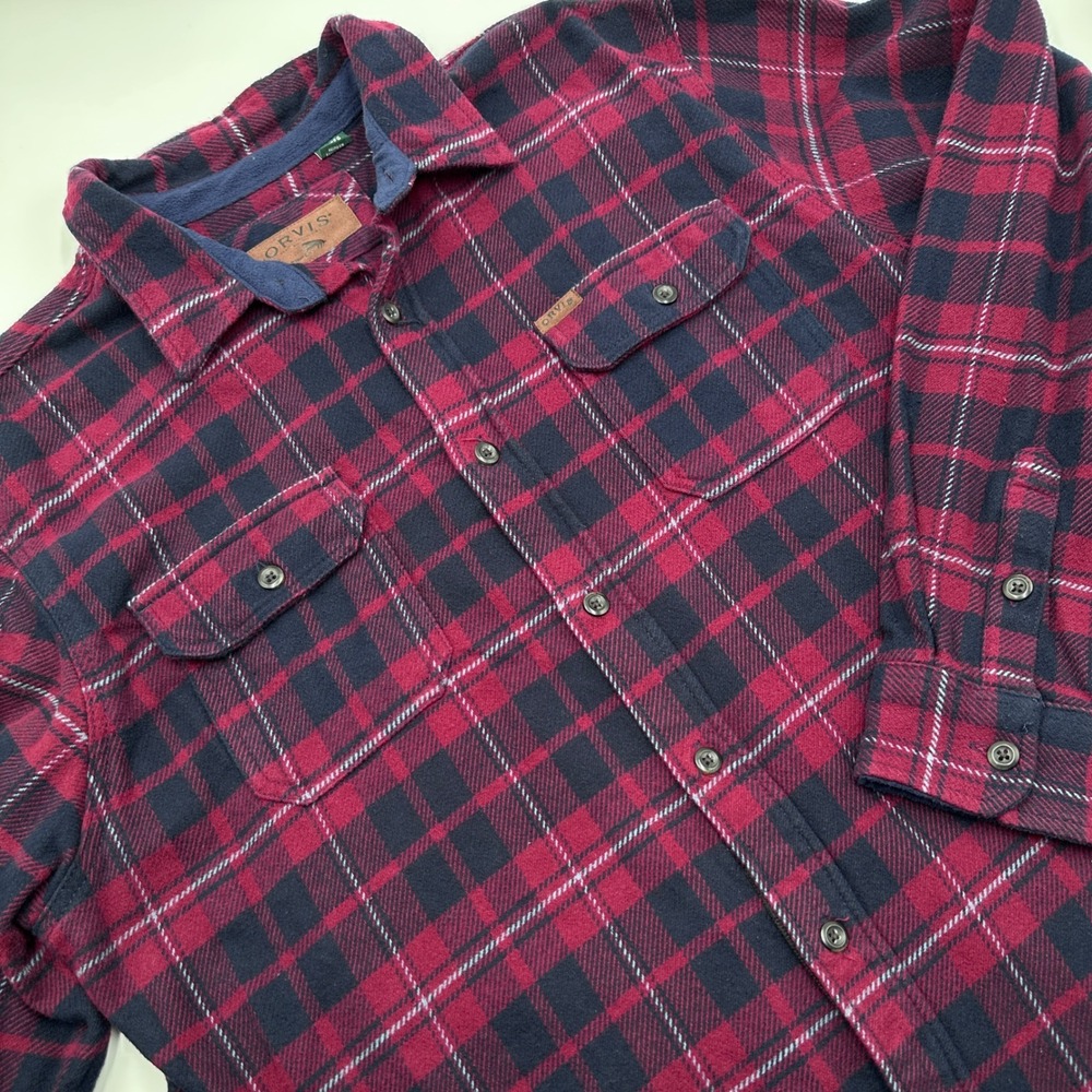 Orvis Flannel Shirt Mens XXL Red Navy Blue Excellent Plaid Cotton Outdoor Cabin